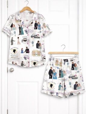 Women’s White Bridgerton Print Short Pajama Set Sz M
